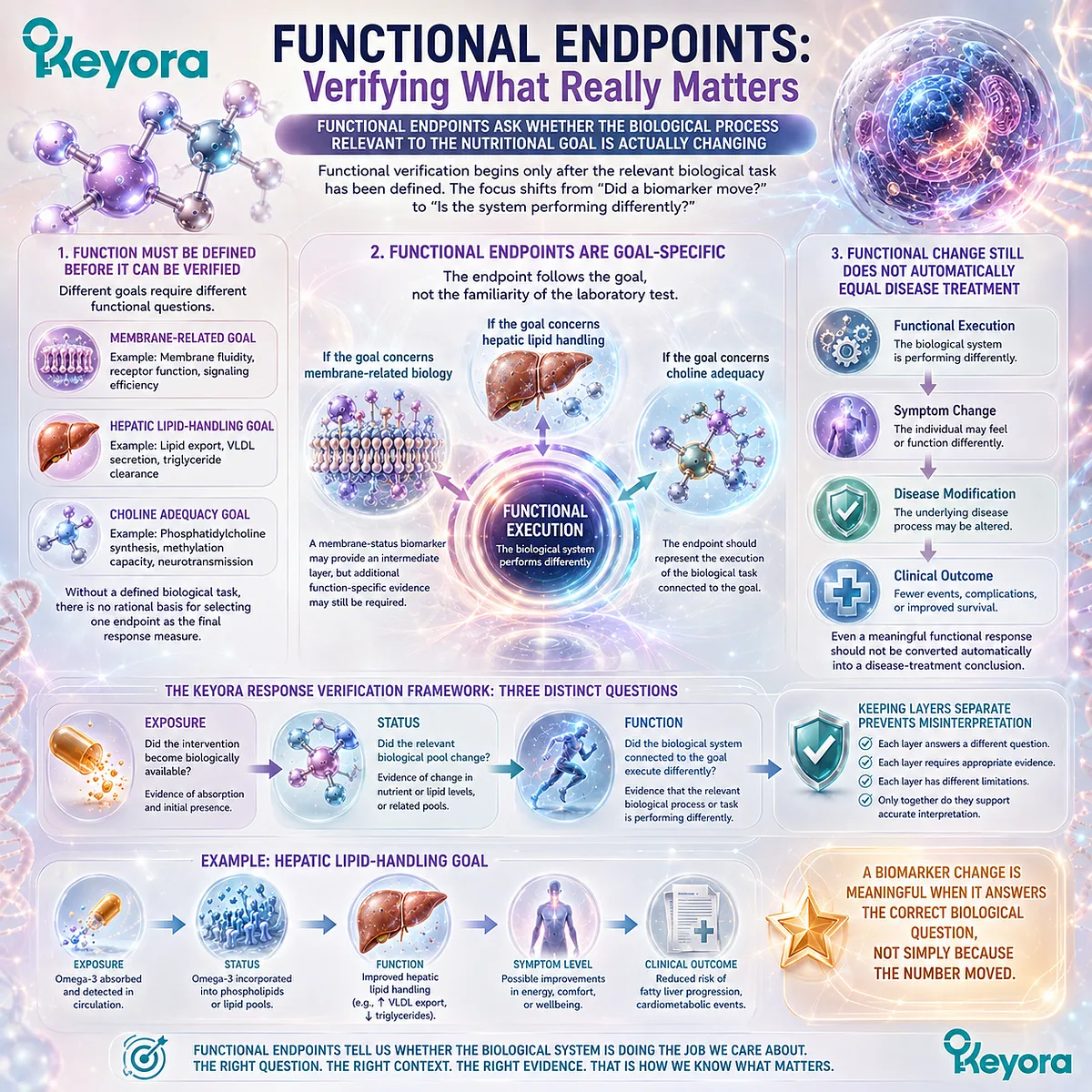 Phospholipid Omega-3 functional endpoints assess membrane or hepatic biological execution beyond exposure and status, completing the Keyora Exposure-Status-Function response map. Phospholipid Omega-3 functional endpoints assess membrane or hepatic biological execution beyond exposure and status, completing the Keyora Exposure-Status-Function response map.