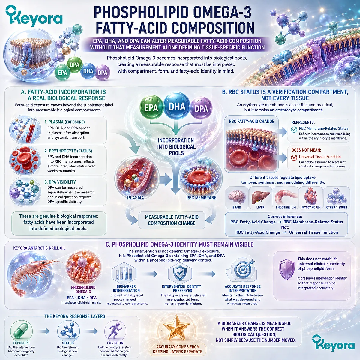Phospholipid Omega-3 EPA, DHA, and DPA alter measurable RBC fatty-acid status without proving universal tissue function, preserving intervention identity in the Keyora response map. Phospholipid Omega-3 EPA, DHA, and DPA alter measurable RBC fatty-acid status without proving universal tissue function, preserving intervention identity in the Keyora response map.