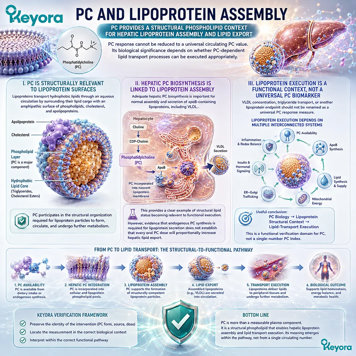 Phosphatidylcholine supports hepatic VLDL and apoB lipoprotein assembly through phospholipid surface architecture, defining lipid-transport execution in the Keyora PC response map. Phosphatidylcholine supports hepatic VLDL and apoB lipoprotein assembly through phospholipid surface architecture, defining lipid-transport execution in the Keyora PC response map.