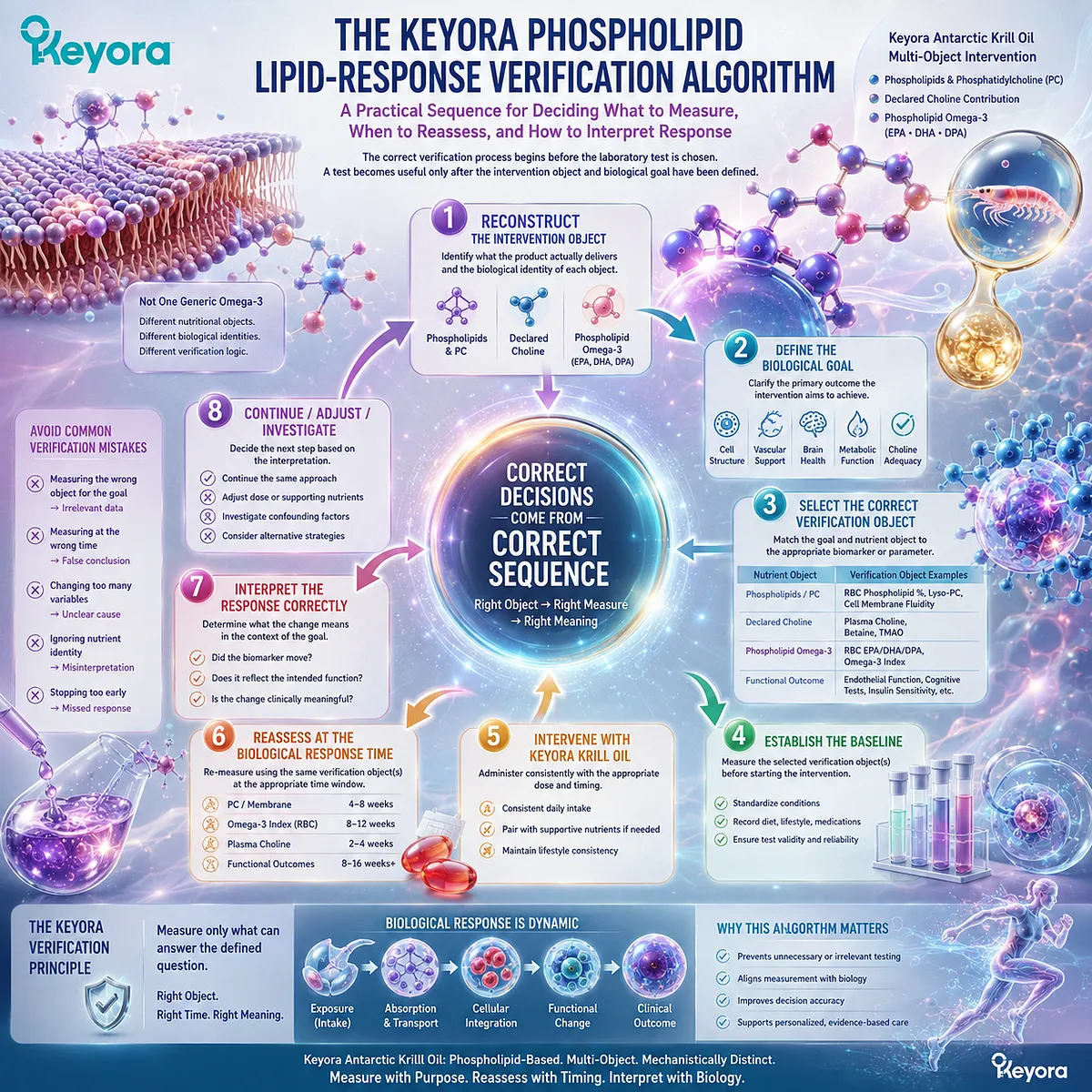 Phospholipid Omega-3 response verification links nutrient reconstruction, biomarker selection and reassessment through the Keyora Phospholipid Lipid-Response Verification Algorithm. Phospholipid Omega-3 response verification links nutrient reconstruction, biomarker selection and reassessment through the Keyora Phospholipid Lipid-Response Verification Algorithm.