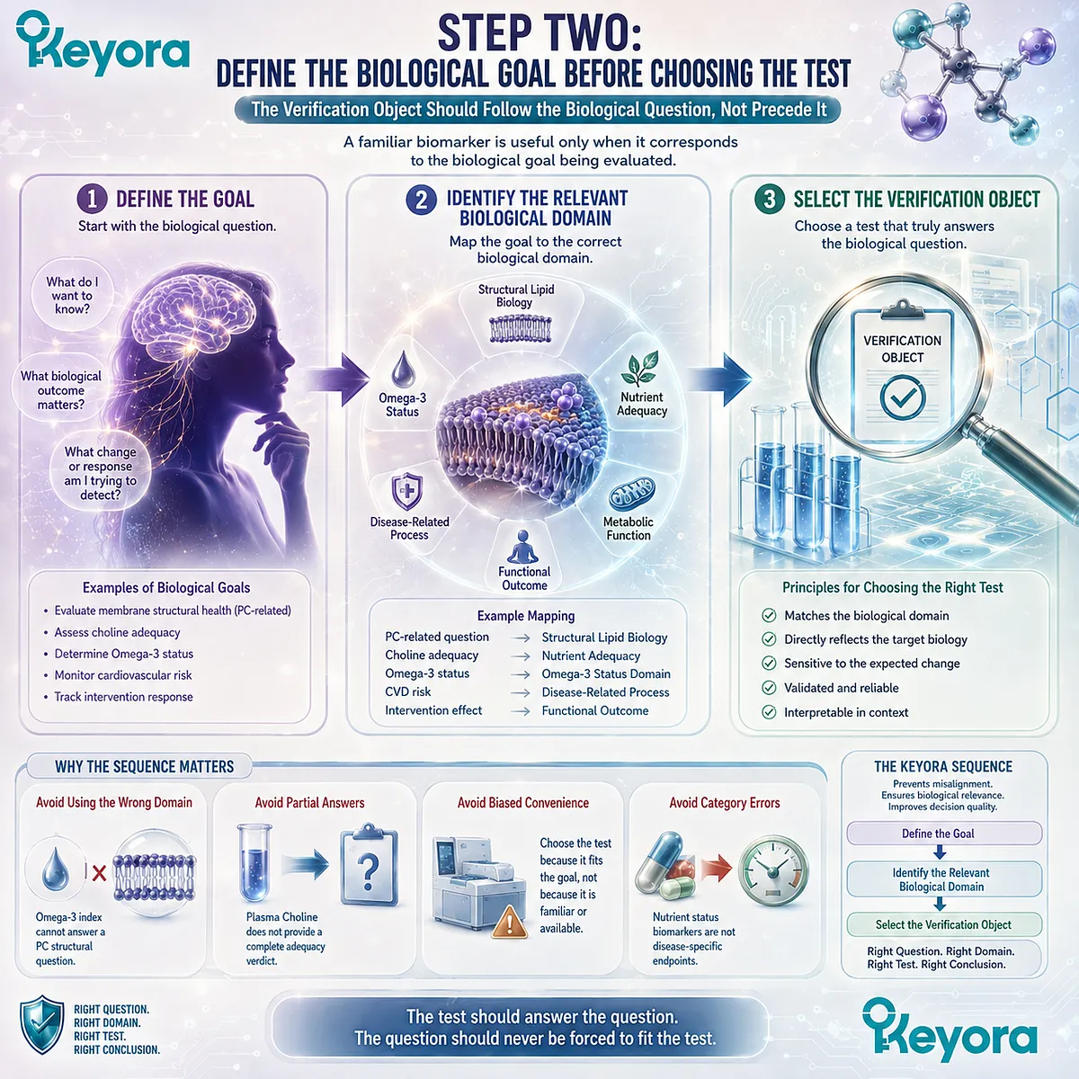 Biomarker selection should follow the biological goal, matching Omega-3, PC or Choline verification to the correct domain through the Keyora Lipid-Response Verification Algorithm. Biomarker selection should follow the biological goal, matching Omega-3, PC or Choline verification to the correct domain through the Keyora Lipid-Response Verification Algorithm.
