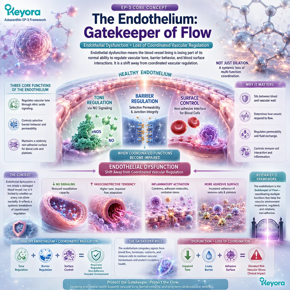 Endothelial function links nitric oxide signaling, vascular tone, barrier control, and blood surface interactions in Keyora’s Gatekeeper of Flow framework. Endothelial function links nitric oxide signaling, vascular tone, barrier control, and blood surface interactions in Keyora’s Gatekeeper of Flow framework.