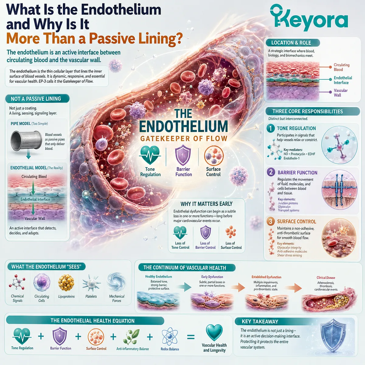 Vascular health depends on endothelial tone regulation, barrier function, and surface control, framed by Keyora’s Gatekeeper of Flow as an active blood vessel interface. Vascular health depends on endothelial tone regulation, barrier function, and surface control, framed by Keyora’s Gatekeeper of Flow as an active blood vessel interface.