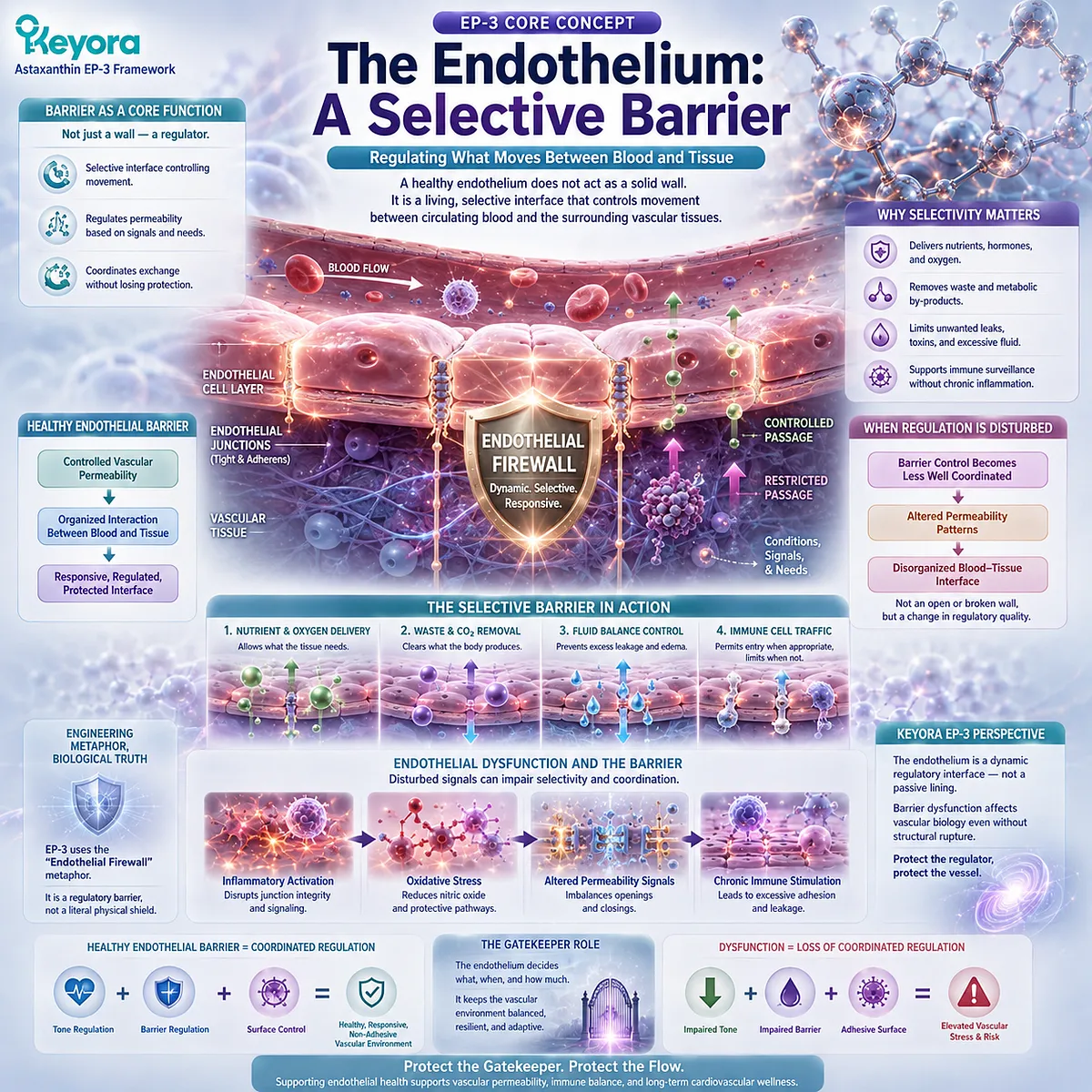Vascular barrier function relies on endothelial control of vascular permeability and blood-tissue exchange, framed by Keyora’s Endothelial Firewall as a selective interface. Vascular barrier function relies on endothelial control of vascular permeability and blood-tissue exchange, framed by Keyora’s Endothelial Firewall as a selective interface.