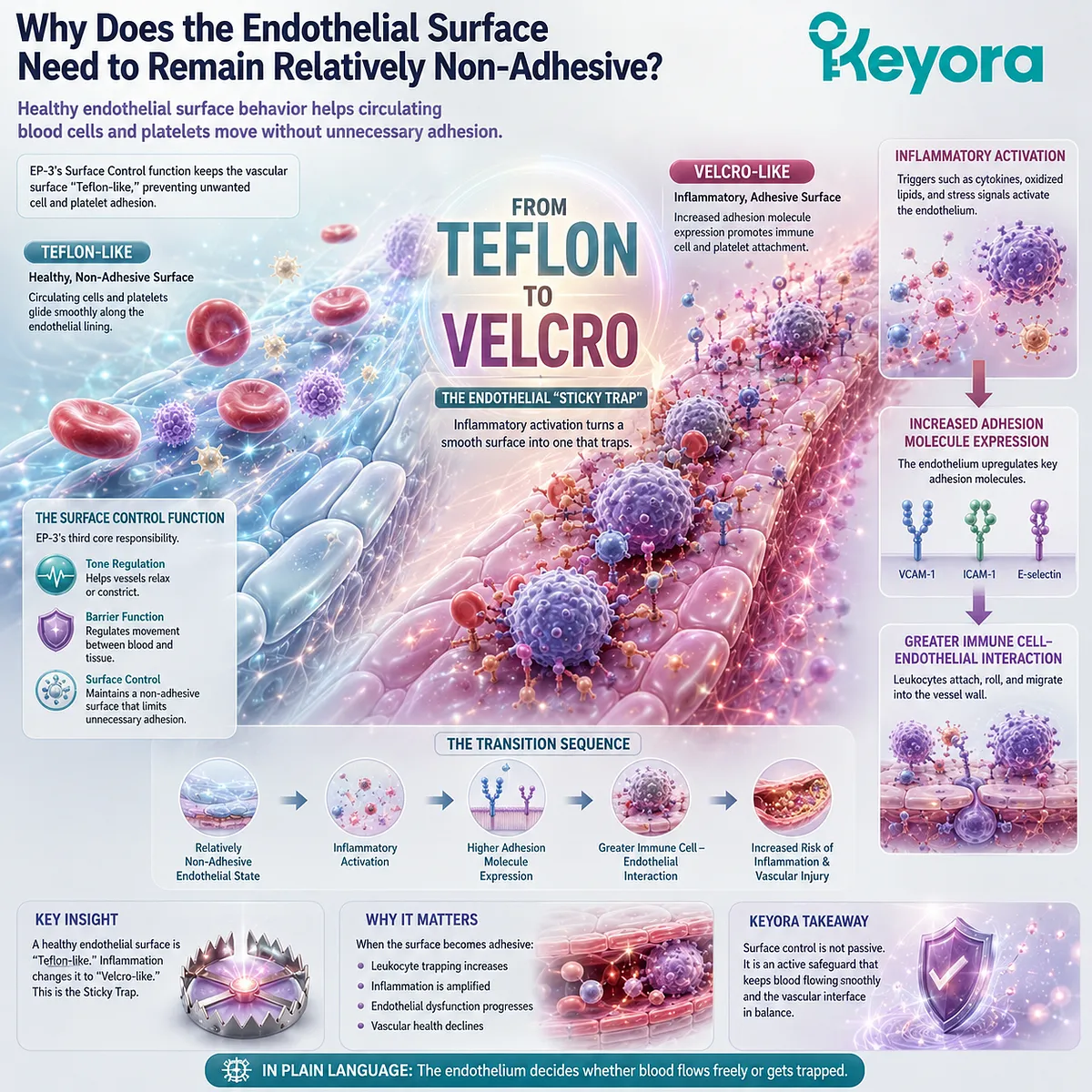 Endothelial surface control limits unnecessary leukocyte adhesion, while inflammation raises VCAM-1, ICAM-1 and E-selectin in Keyora’s Sticky Trap framework. Endothelial surface control limits unnecessary leukocyte adhesion, while inflammation raises VCAM-1, ICAM-1 and E-selectin in Keyora’s Sticky Trap framework.