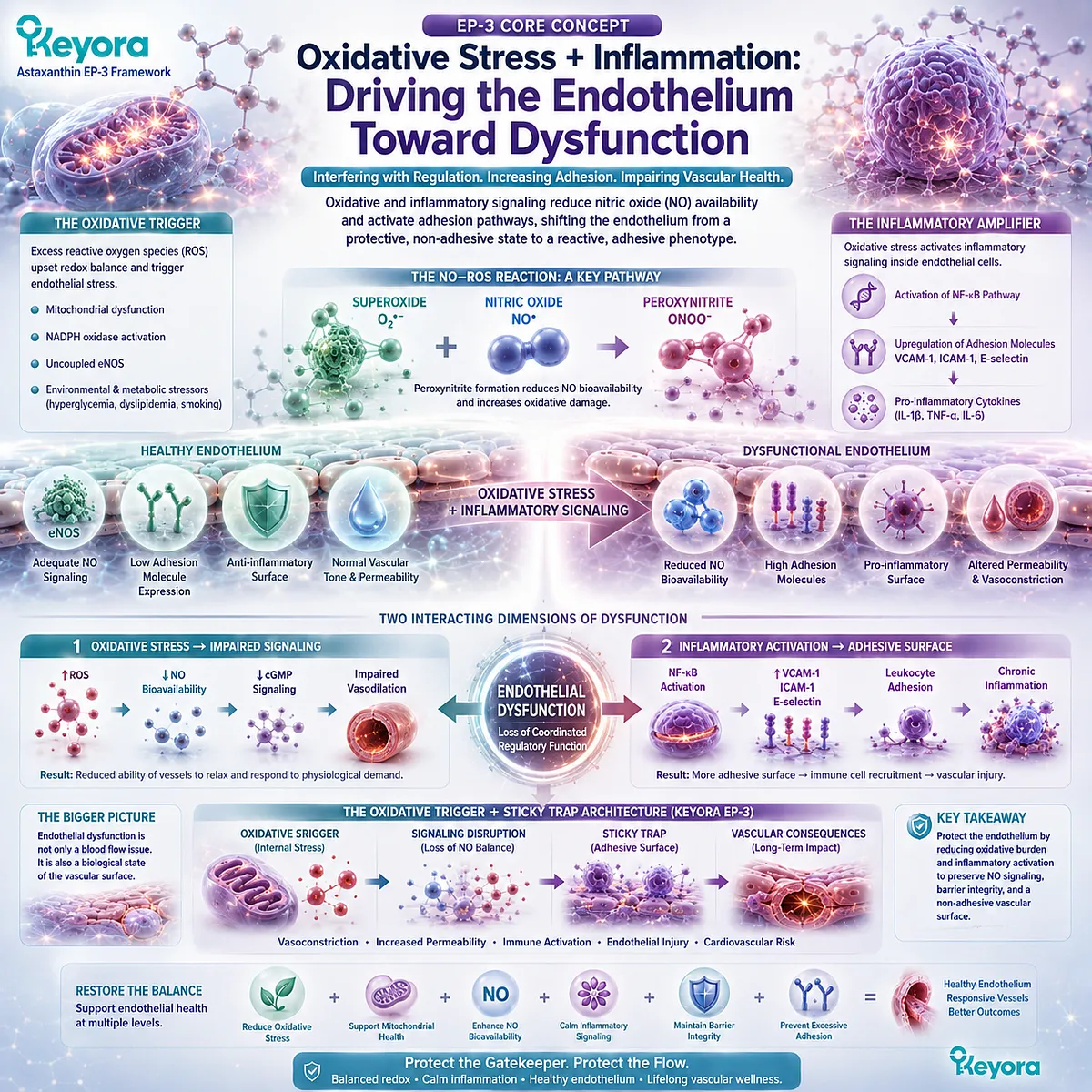 Oxidative stress lowers nitric oxide bioavailability while NF-κB drives vascular inflammation and adhesion molecules in Keyora’s Oxidative Trigger and Sticky Trap framework. Oxidative stress lowers nitric oxide bioavailability while NF-κB drives vascular inflammation and adhesion molecules in Keyora’s Oxidative Trigger and Sticky Trap framework.