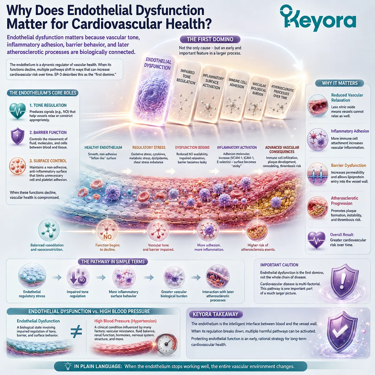 Cardiovascular health links endothelial dysfunction with impaired vascular tone, inflammatory adhesion and atherosclerotic processes in Keyora’s Gatekeeper of Flow framework. Cardiovascular health links endothelial dysfunction with impaired vascular tone, inflammatory adhesion and atherosclerotic processes in Keyora’s Gatekeeper of Flow framework.