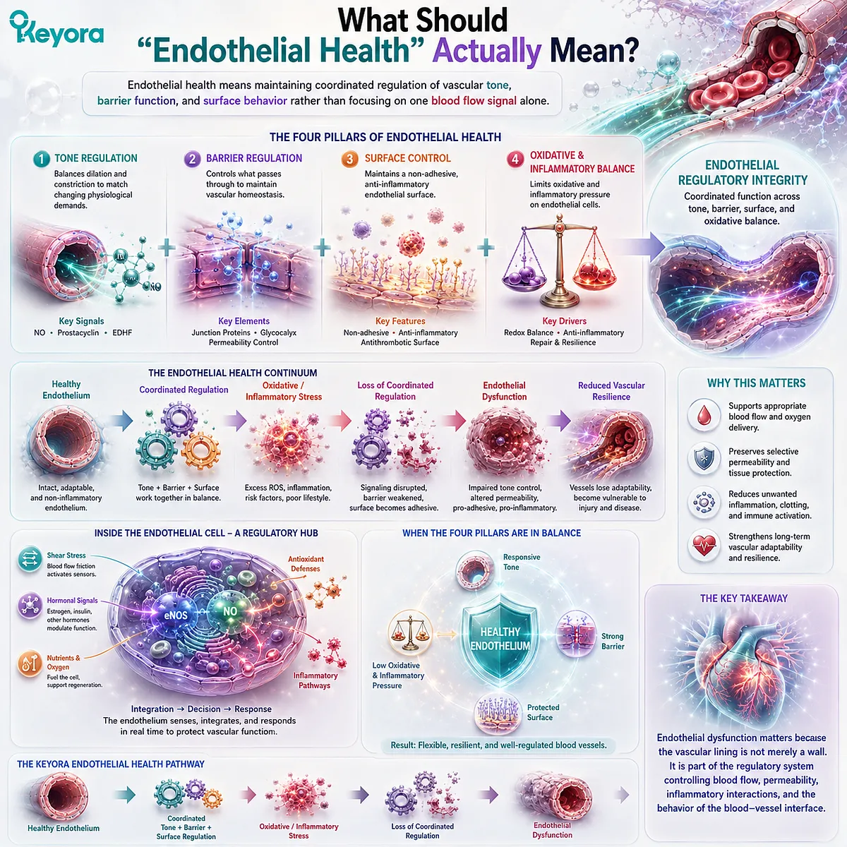 Endothelial health integrates vascular tone, barrier function, surface control and oxidative balance in Keyora’s Endothelial Regulatory Integrity framework. Endothelial health integrates vascular tone, barrier function, surface control and oxidative balance in Keyora’s Endothelial Regulatory Integrity framework.