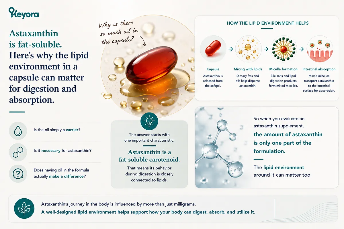 KEYORA introductory infographic asking "Why is there so much oil in the capsule?", featuring a red softgel resting in an oil droplet. A 4-step diagram outlines how the lipid environment aids digestion: capsule release, mixing with dietary fats, mixed micelle formation with bile salts, and intestinal absorption across the mucosal wall. KEYORA introductory infographic asking "Why is there so much oil in the capsule?", featuring a red softgel resting in an oil droplet. A 4-step diagram outlines how the lipid environment aids digestion: capsule release, mixing with dietary fats, mixed micelle formation with bile salts, and intestinal absorption across the mucosal wall.