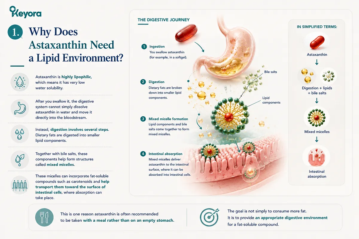 KEYORA introductory infographic asking "Why is there so much oil in the capsule?", featuring a red softgel resting in an oil droplet. A 4-step diagram outlines how the lipid environment aids digestion: capsule release, mixing with dietary fats, mixed micelle formation with bile salts, and intestinal absorption across the mucosal wall. KEYORA introductory infographic asking "Why is there so much oil in the capsule?", featuring a red softgel resting in an oil droplet. A 4-step diagram outlines how the lipid environment aids digestion: capsule release, mixing with dietary fats, mixed micelle formation with bile salts, and intestinal absorption across the mucosal wall.