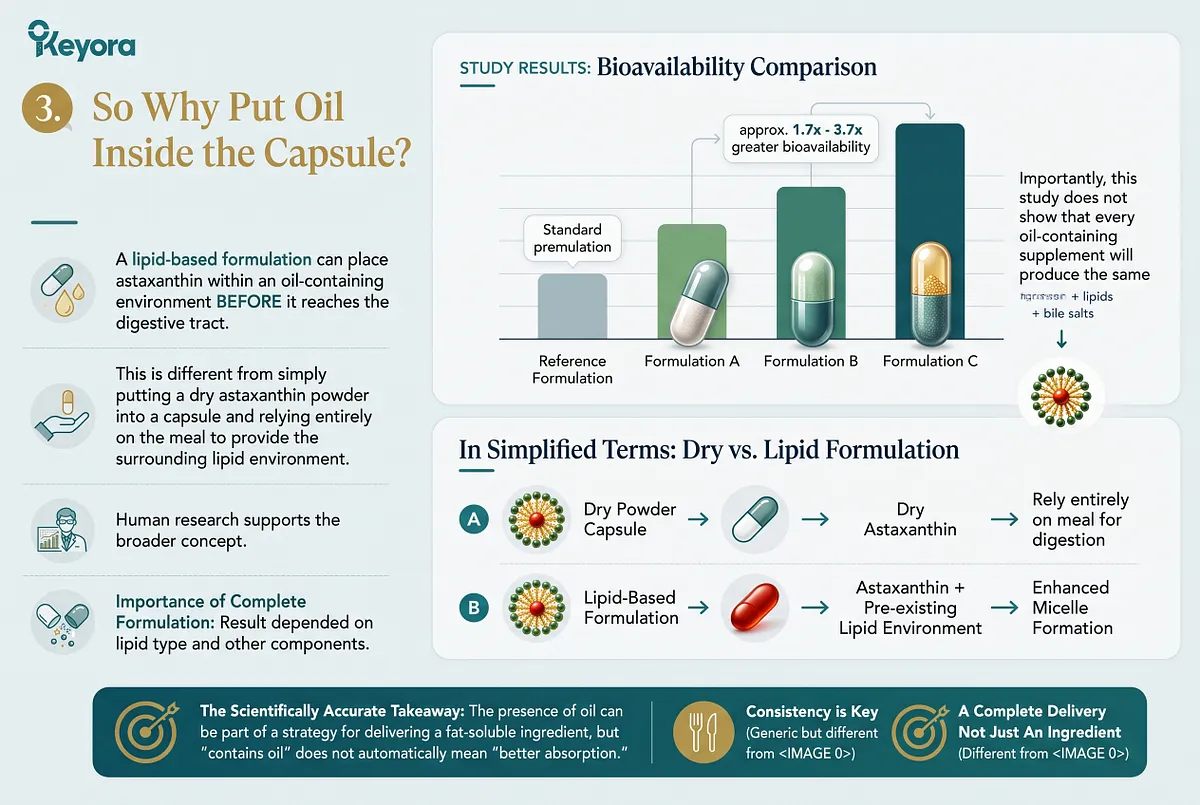 KEYORA formulation infographic titled "3. So Why Put Oil Inside the Capsule?", featuring a bar chart showing lipid-based formulations A, B, and C delivering approximately 1.7x to 3.7x greater bioavailability than a standard reference formulation. A diagram contrasts dry powder capsules relying on meal fats against pre-solubilized lipid capsules. KEYORA formulation infographic titled "3. So Why Put Oil Inside the Capsule?", featuring a bar chart showing lipid-based formulations A, B, and C delivering approximately 1.7x to 3.7x greater bioavailability than a standard reference formulation. A diagram contrasts dry powder capsules relying on meal fats against pre-solubilized lipid capsules.