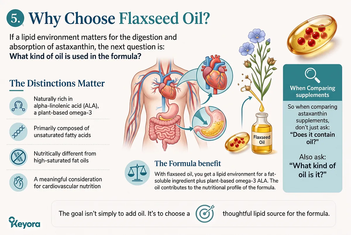 KEYORA ingredient spotlight infographic titled "5. Why Choose Flaxseed Oil?", illustrating a human cardiovascular system, blue flax flowers, and golden flaxseed oil softgels. It highlights flaxseed oil as a functional lipid carrier naturally rich in plant-based omega-3 alpha-linolenic acid (ALA) and unsaturated fatty acids for added cardiovascular benefits. KEYORA ingredient spotlight infographic titled "5. Why Choose Flaxseed Oil?", illustrating a human cardiovascular system, blue flax flowers, and golden flaxseed oil softgels. It highlights flaxseed oil as a functional lipid carrier naturally rich in plant-based omega-3 alpha-linolenic acid (ALA) and unsaturated fatty acids for added cardiovascular benefits.