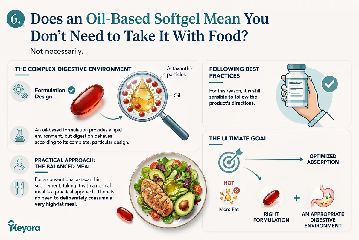KEYORA practical usage slide titled "6. Does an Oil-Based Softgel Mean You Don't Need to Take It With Food?", displaying a magnifying glass over an oil softgel beside a balanced chicken salad plate. It explains that while oil softgels provide a pre-existing lipid matrix, pairing them with a normal meal optimizes digestion and systemic absorption. KEYORA practical usage slide titled "6. Does an Oil-Based Softgel Mean You Don't Need to Take It With Food?", displaying a magnifying glass over an oil softgel beside a balanced chicken salad plate. It explains that while oil softgels provide a pre-existing lipid matrix, pairing them with a normal meal optimizes digestion and systemic absorption.