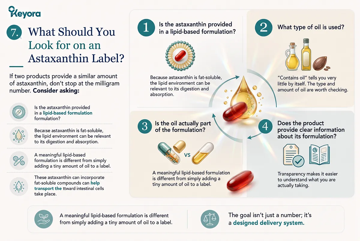 KEYORA label evaluation infographic titled "7. What Should You Look for on an Astaxanthin Label?", presenting 4 key criteria: lipid-based delivery formulation, specific oil type used, meaningful carrier volume vs. tiny label additions, and transparent formulation disclosure. KEYORA label evaluation infographic titled "7. What Should You Look for on an Astaxanthin Label?", presenting 4 key criteria: lipid-based delivery formulation, specific oil type used, meaningful carrier volume vs. tiny label additions, and transparent formulation disclosure.