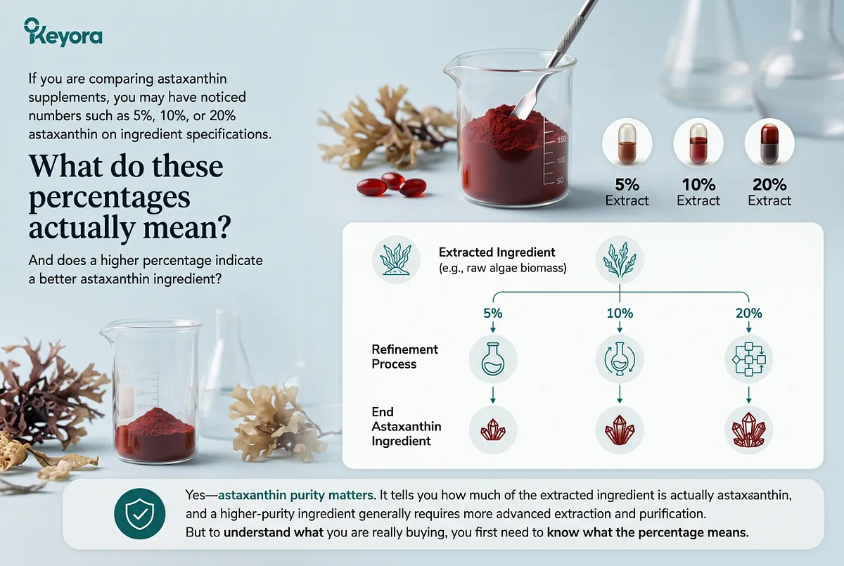 KEYORA introductory infographic titled "What do these percentages actually mean?", showcasing red astaxanthin powder in laboratory beakers beside three capsule representations for 5%, 10%, and 20% extract strengths. A refinement flowchart illustrates how raw algae biomass undergoes increasing extraction and purification stages to yield higher-purity end ingredients. KEYORA introductory infographic titled "What do these percentages actually mean?", showcasing red astaxanthin powder in laboratory beakers beside three capsule representations for 5%, 10%, and 20% extract strengths. A refinement flowchart illustrates how raw algae biomass undergoes increasing extraction and purification stages to yield higher-purity end ingredients.
