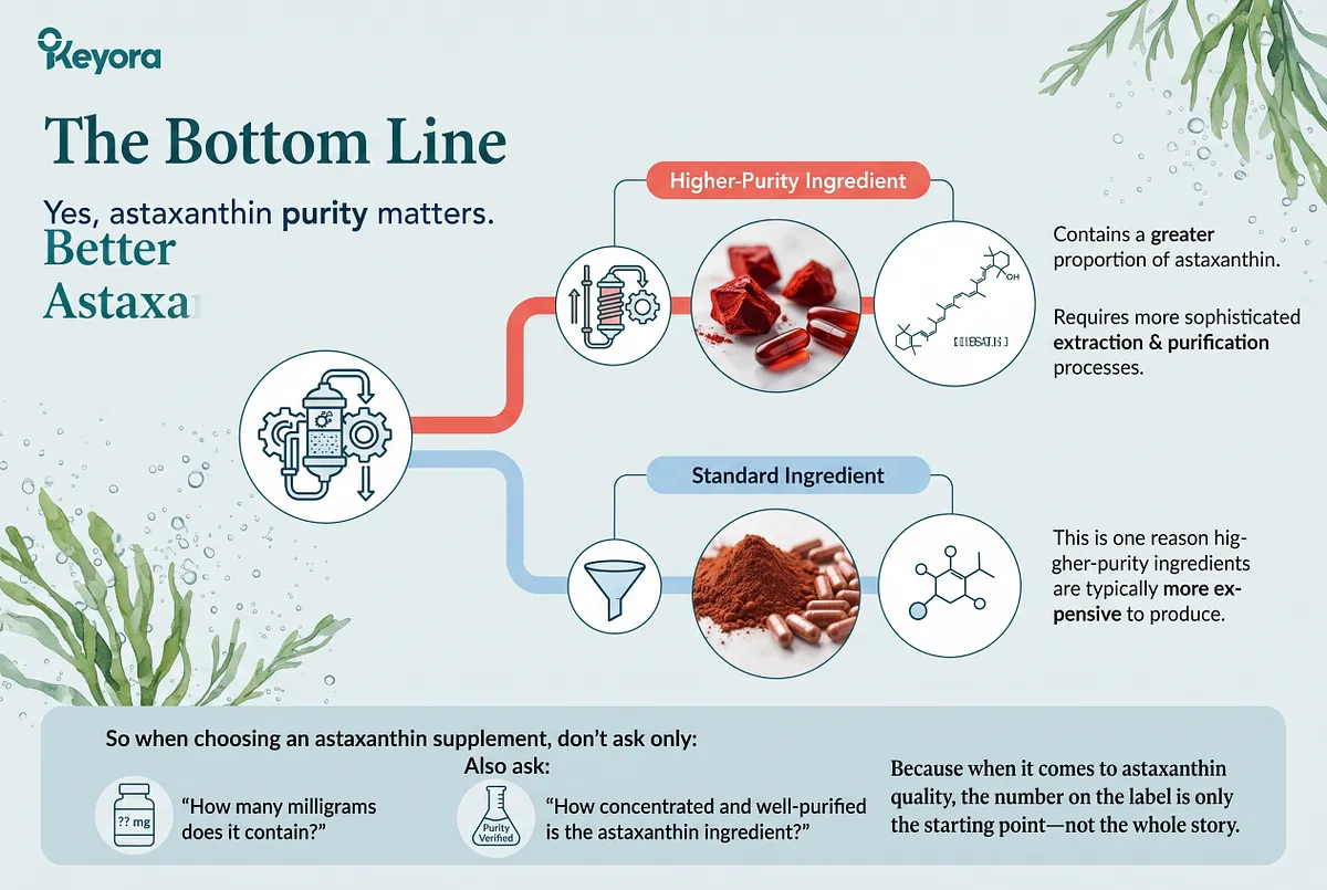 KEYORA summary takeaway infographic titled "The Bottom Line", set against aquatic green algae botanicals. A split-path diagram contrasts standard ingredients with higher-purity ingredients requiring advanced extraction and molecular purification, prompting buyers to ask how well-purified and concentrated an ingredient is rather than just checking label milligrams. KEYORA summary takeaway infographic titled "The Bottom Line", set against aquatic green algae botanicals. A split-path diagram contrasts standard ingredients with higher-purity ingredients requiring advanced extraction and molecular purification, prompting buyers to ask how well-purified and concentrated an ingredient is rather than just checking label milligrams.