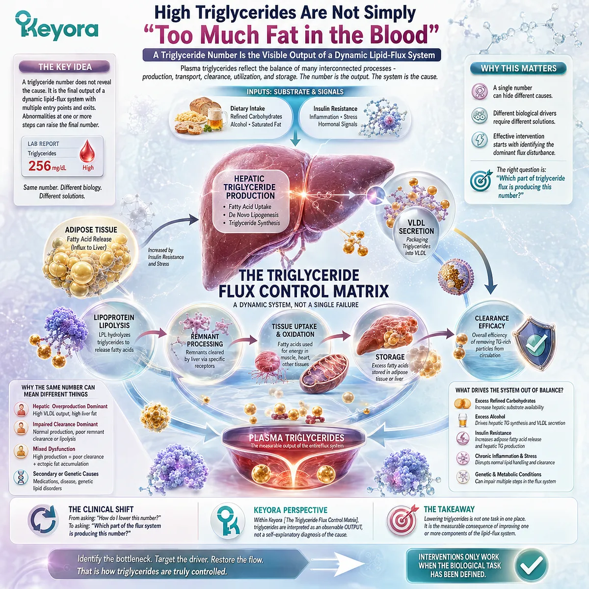 High triglycerides reflect hepatic VLDL production, lipolysis and clearance across lipid flux, framed by Keyora The Triglyceride Flux Control Matrix. High triglycerides reflect hepatic VLDL production, lipolysis and clearance across lipid flux, framed by Keyora The Triglyceride Flux Control Matrix.