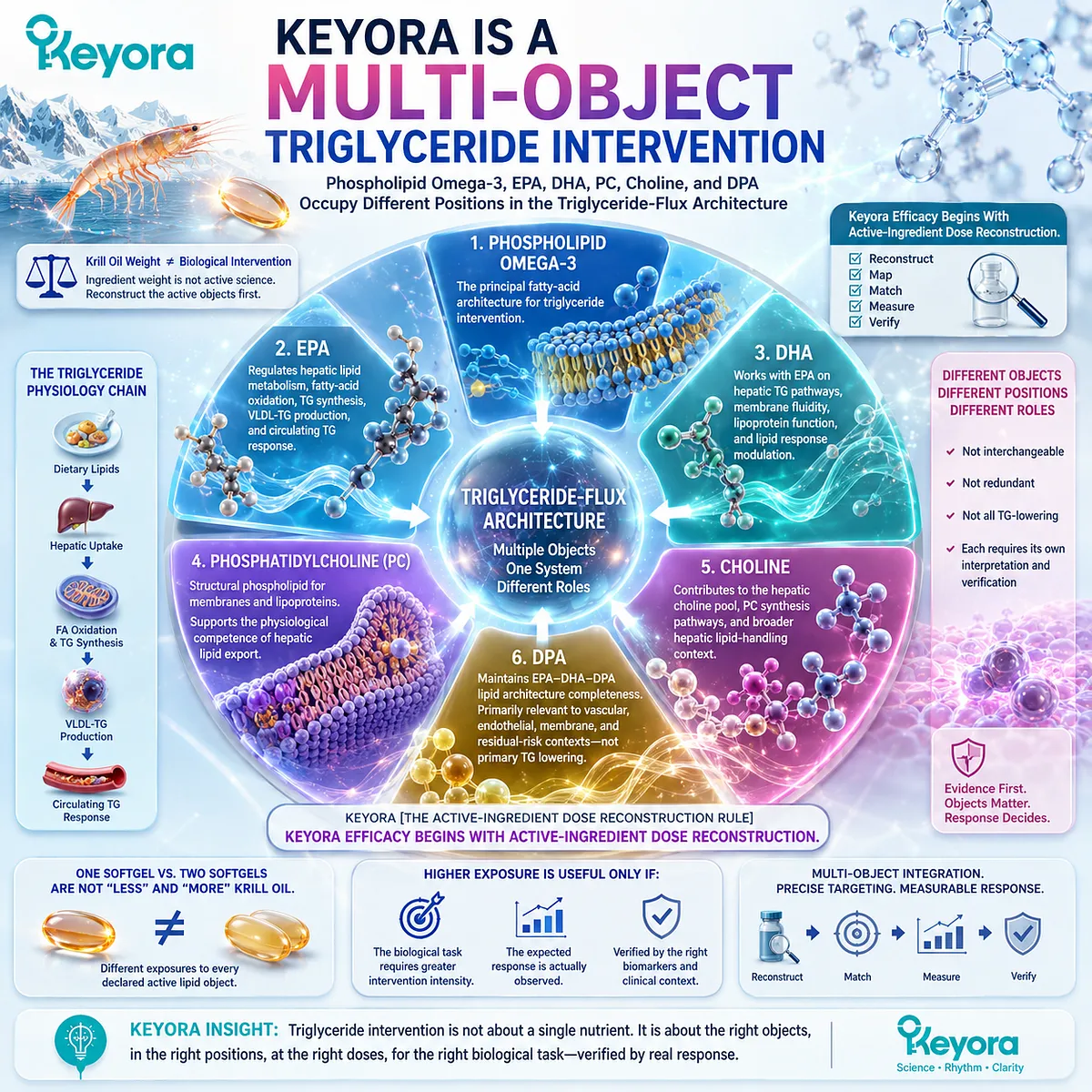 Phospholipid Omega-3, EPA, DHA, PC, choline and DPA map distinct triglyceride and lipid-handling roles under Keyora’s Active-Ingredient Dose Reconstruction Rule. Phospholipid Omega-3, EPA, DHA, PC, choline and DPA map distinct triglyceride and lipid-handling roles under Keyora’s Active-Ingredient Dose Reconstruction Rule.