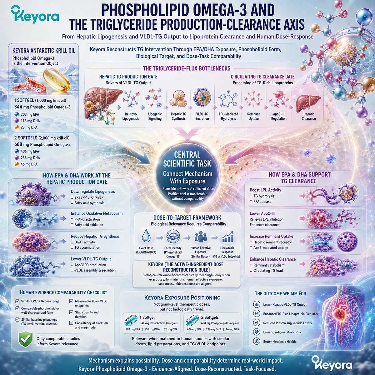 Phospholipid Omega-3 links EPA/DHA exposure with hepatic TG synthesis, VLDL-TG output and lipoprotein clearance in Keyora’s Dose Reconstruction Rule. Phospholipid Omega-3 links EPA/DHA exposure with hepatic TG synthesis, VLDL-TG output and lipoprotein clearance in Keyora’s Dose Reconstruction Rule.
