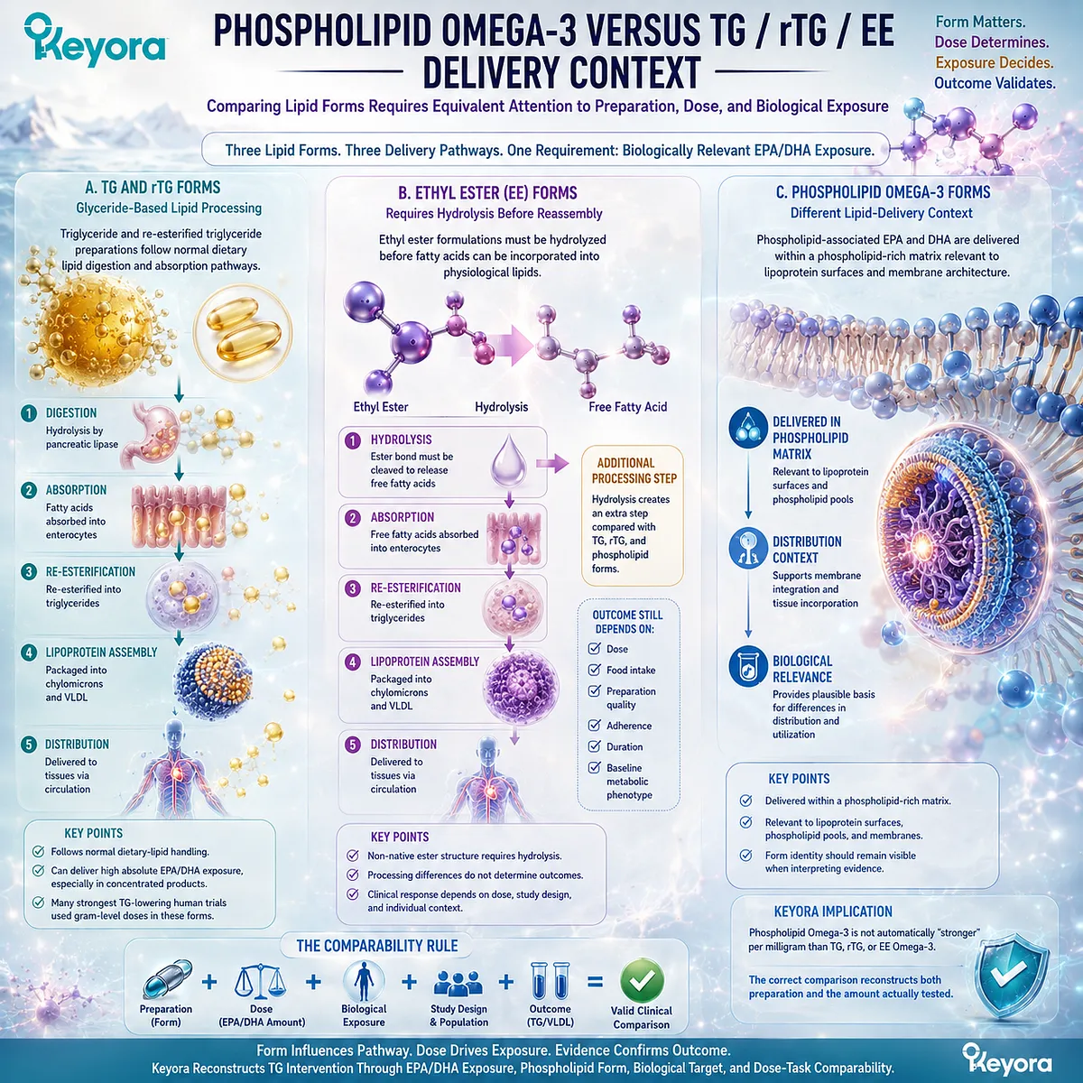 Phospholipid Omega-3 versus TG, rTG and EE compares EPA/DHA delivery, lipid processing and biological exposure within Keyora’s Dose Reconstruction Rule. Phospholipid Omega-3 versus TG, rTG and EE compares EPA/DHA delivery, lipid processing and biological exposure within Keyora’s Dose Reconstruction Rule.