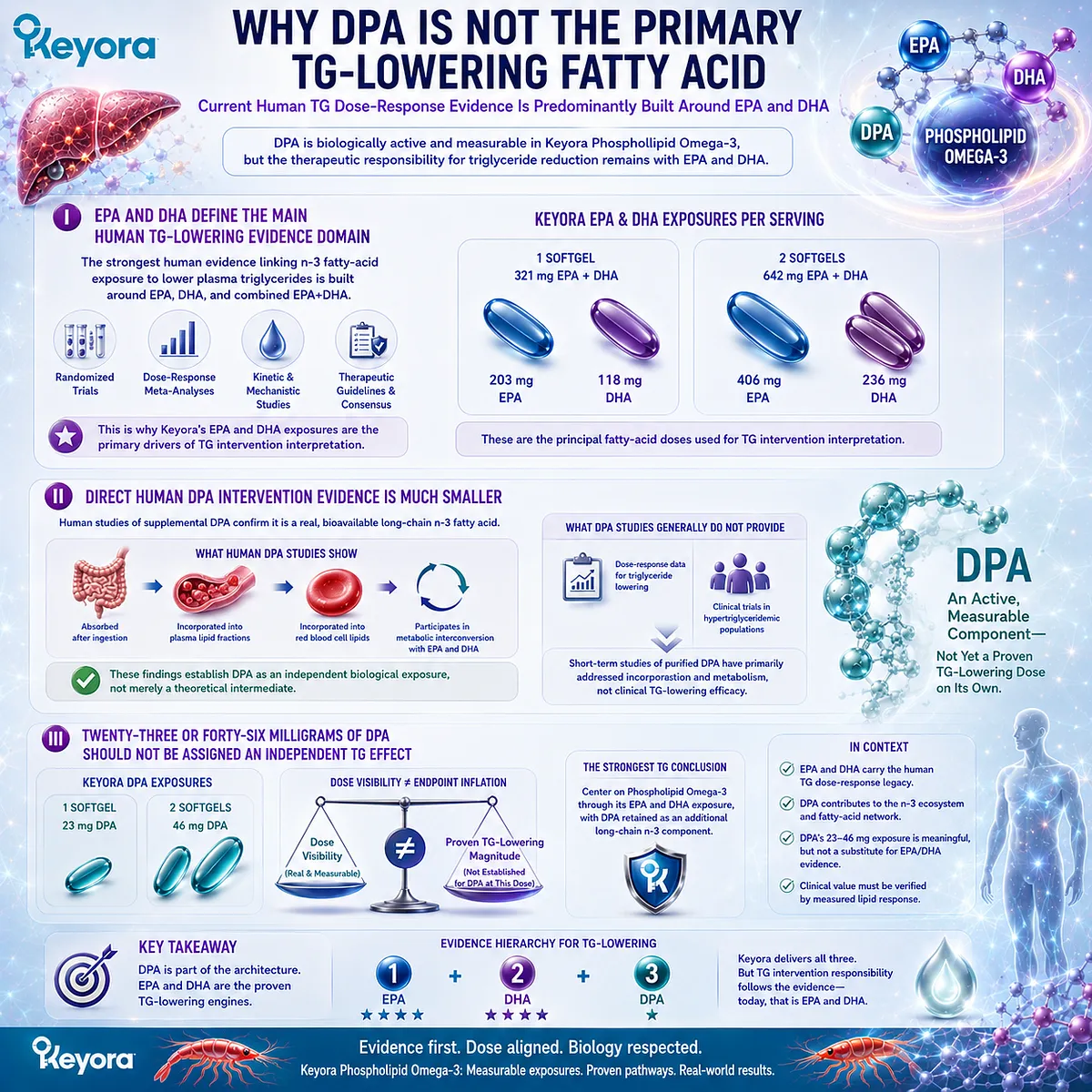 DPA supports long-chain n-3 metabolism, but human triglyceride dose-response evidence remains centered on EPA/DHA within Keyora’s Phospholipid Omega-3 architecture. DPA supports long-chain n-3 metabolism, but human triglyceride dose-response evidence remains centered on EPA/DHA within Keyora’s Phospholipid Omega-3 architecture.