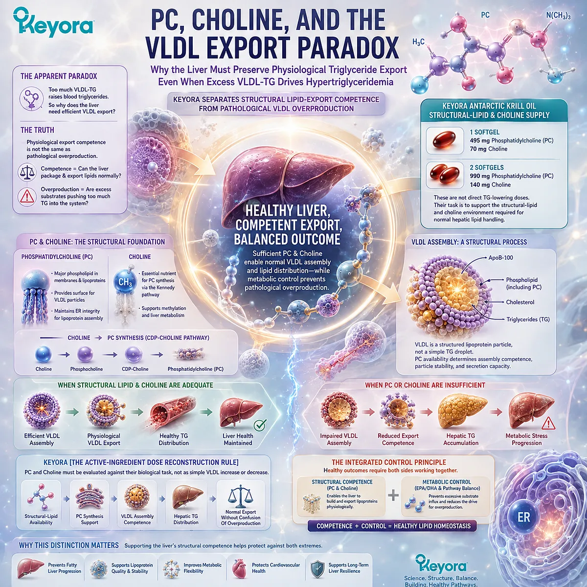 Choline and phosphatidylcholine support VLDL assembly competence and hepatic triglyceride distribution, framed by Keyora’s Active-Ingredient Dose Reconstruction Rule. Choline and phosphatidylcholine support VLDL assembly competence and hepatic triglyceride distribution, framed by Keyora’s Active-Ingredient Dose Reconstruction Rule.