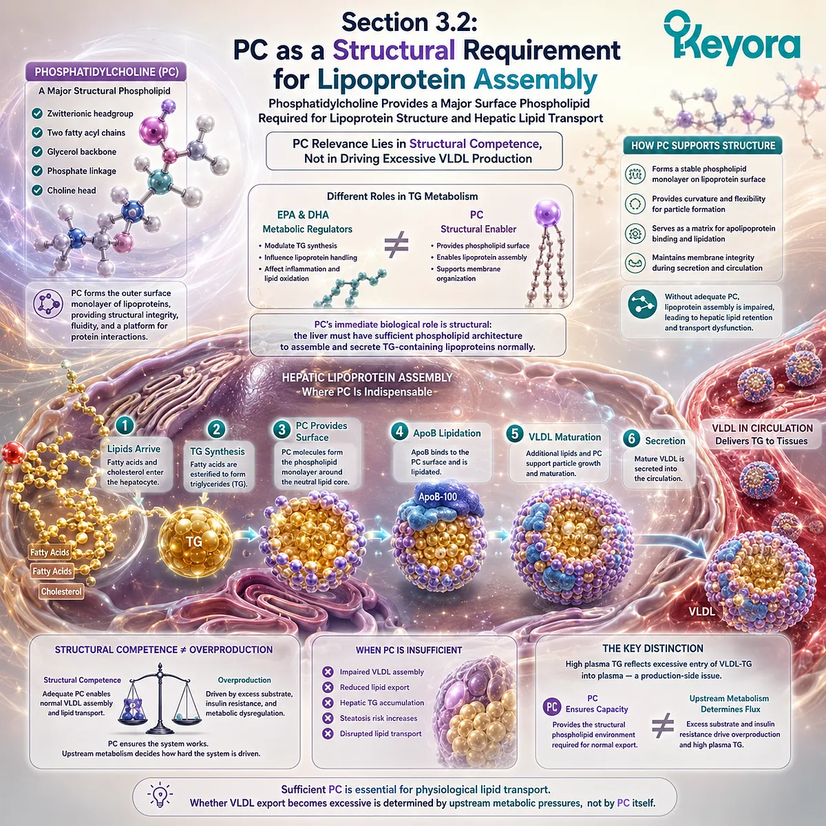 Phosphatidylcholine supports VLDL surface structure and hepatic lipid transport without driving excess TG production, framed by Keyora’s structural competence model. Phosphatidylcholine supports VLDL surface structure and hepatic lipid transport without driving excess TG production, framed by Keyora’s structural competence model.