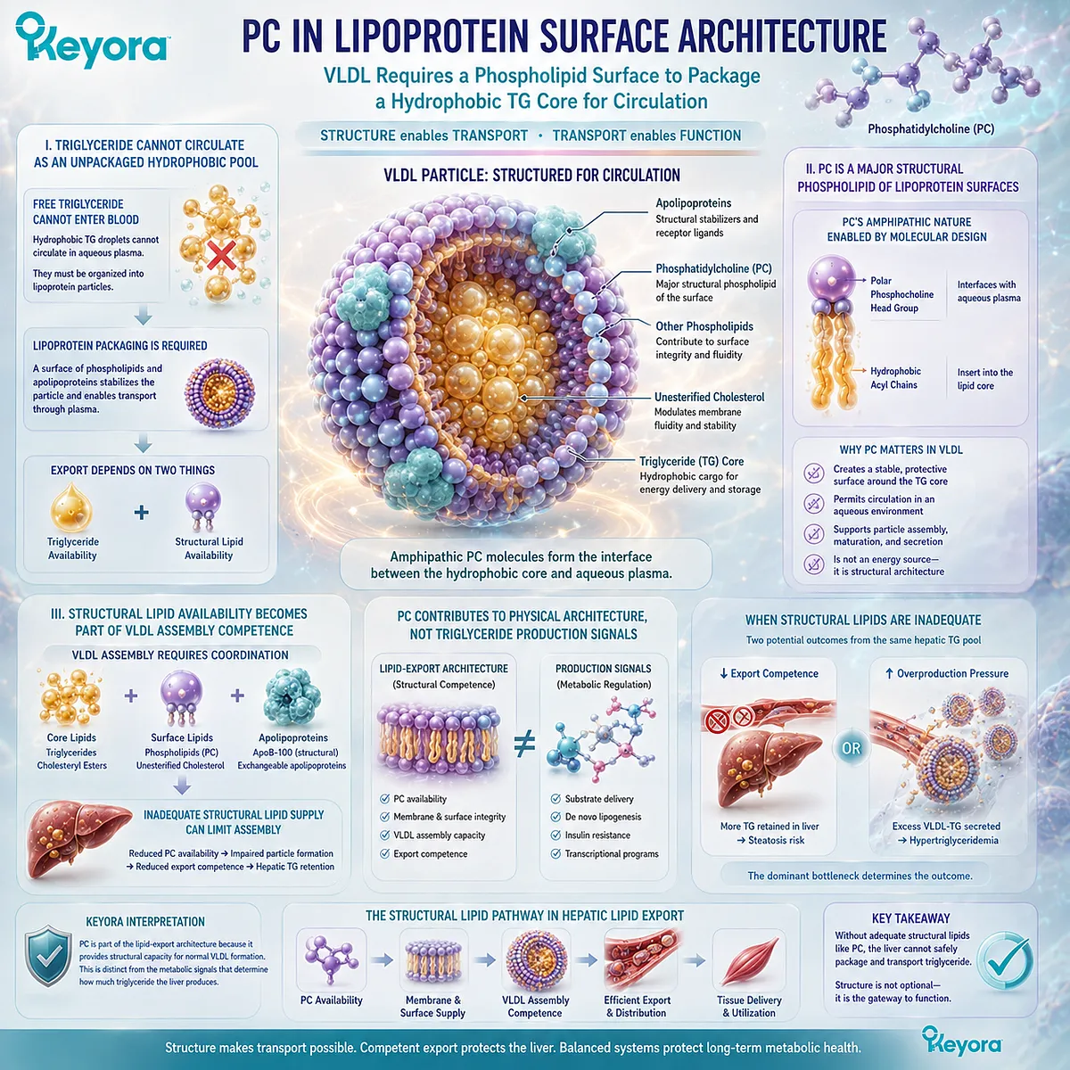 Phosphatidylcholine forms the amphipathic VLDL surface that packages hydrophobic triglyceride for hepatic lipid transport, defining Keyora’s lipid-export architecture. Phosphatidylcholine forms the amphipathic VLDL surface that packages hydrophobic triglyceride for hepatic lipid transport, defining Keyora’s lipid-export architecture.