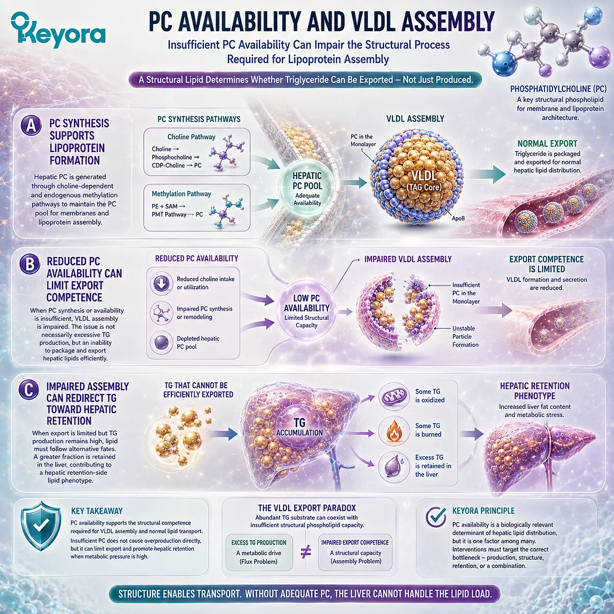 Phosphatidylcholine availability supports VLDL assembly and hepatic triglyceride export, while insufficient PC can favor lipid retention in Keyora’s VLDL Export Paradox. Phosphatidylcholine availability supports VLDL assembly and hepatic triglyceride export, while insufficient PC can favor lipid retention in Keyora’s VLDL Export Paradox.