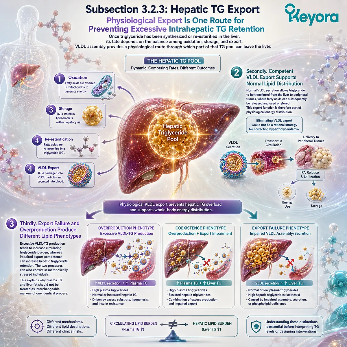 Hepatic triglyceride balance depends on oxidation, storage, and VLDL export, with export failure favoring liver fat retention in Keyora’s VLDL Export Paradox. Hepatic triglyceride balance depends on oxidation, storage, and VLDL export, with export failure favoring liver fat retention in Keyora’s VLDL Export Paradox.