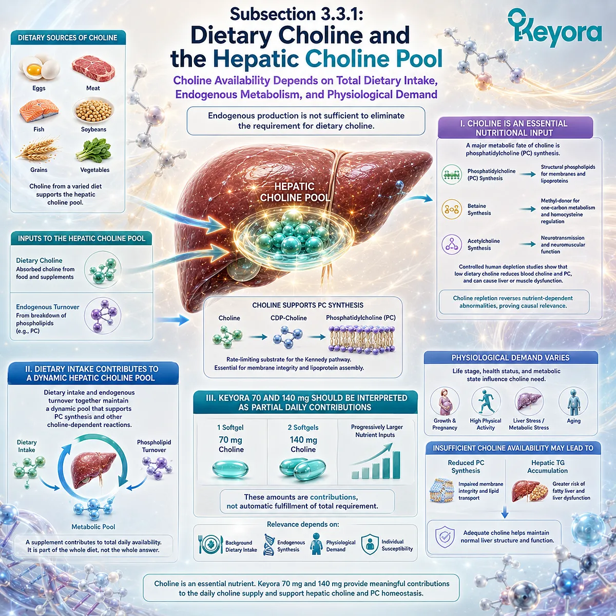 Dietary choline supports the hepatic choline pool and phosphatidylcholine synthesis, with Keyora’s 70–140 mg exposure framed as a partial daily nutrient contribution. Dietary choline supports the hepatic choline pool and phosphatidylcholine synthesis, with Keyora’s 70–140 mg exposure framed as a partial daily nutrient contribution.