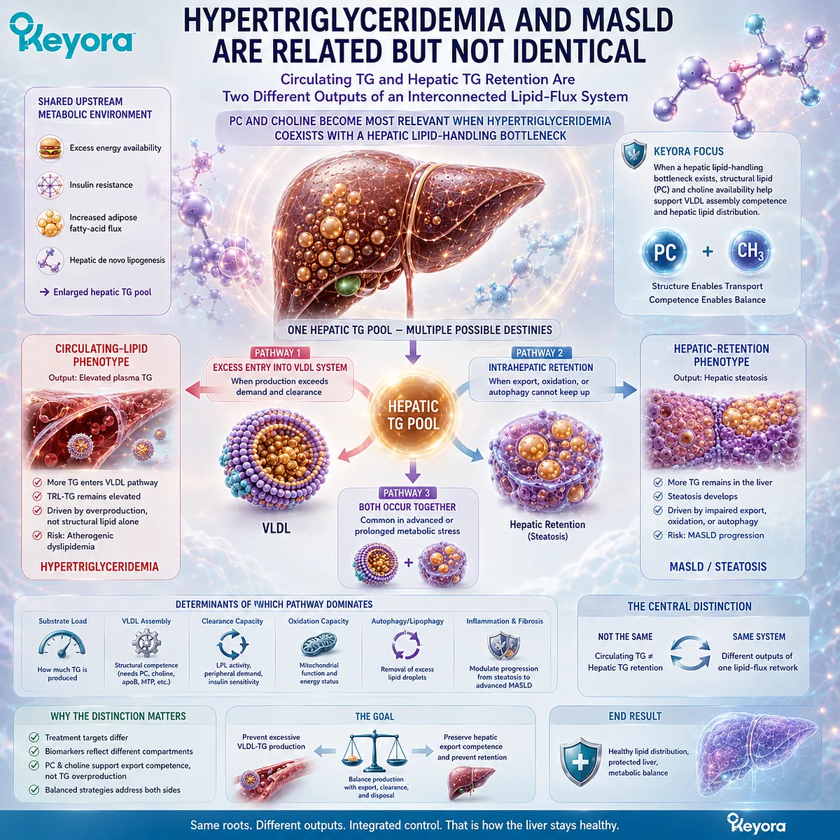 Hypertriglyceridemia reflects circulating TG while MASLD reflects hepatic TG retention, two lipid-flux outputs mapped by Keyora’s Triglyceride Flux Control Matrix. Hypertriglyceridemia reflects circulating TG while MASLD reflects hepatic TG retention, two lipid-flux outputs mapped by Keyora’s Triglyceride Flux Control Matrix.