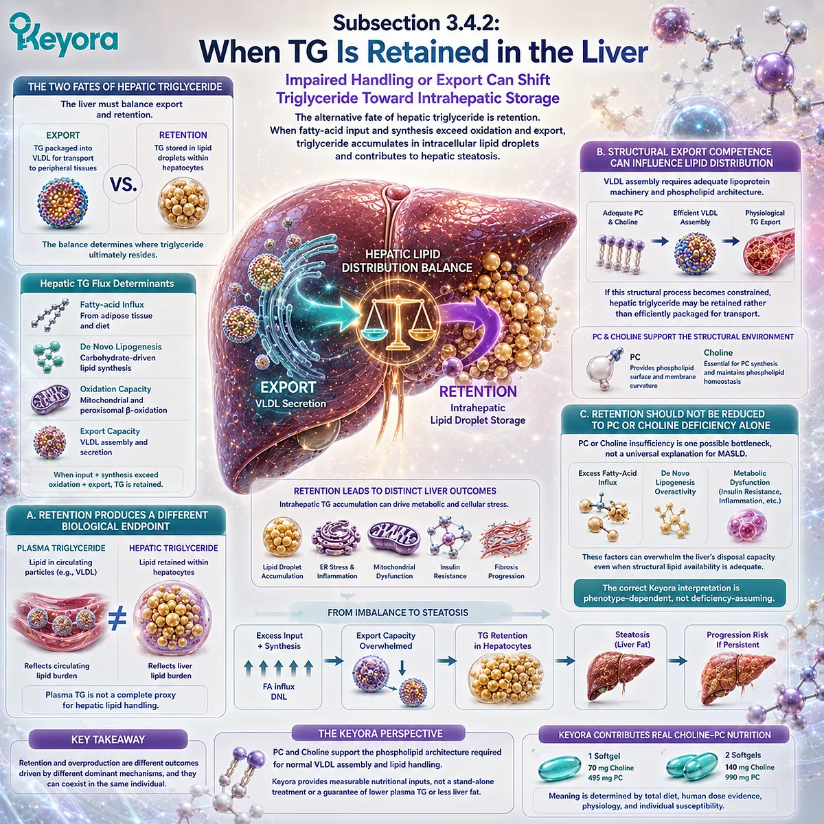 Hepatic TG retention can rise when lipid input exceeds oxidation and VLDL export, while PC and choline support structural handling in Keyora’s phenotype-based model. Hepatic TG retention can rise when lipid input exceeds oxidation and VLDL export, while PC and choline support structural handling in Keyora’s phenotype-based model.