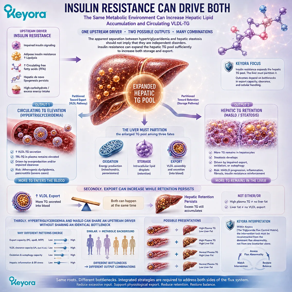 Insulin resistance can expand hepatic TG, increasing both VLDL-TG export and liver fat retention, a dual-flux pattern mapped by Keyora’s Triglyceride Flux Control Matrix. Insulin resistance can expand hepatic TG, increasing both VLDL-TG export and liver fat retention, a dual-flux pattern mapped by Keyora’s Triglyceride Flux Control Matrix.