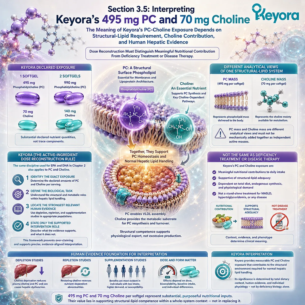 Keyora provides 495–990 mg phosphatidylcholine and 70–140 mg choline, interpreted separately for structural lipid support under the Active-Ingredient Dose Reconstruction Rule. Keyora provides 495–990 mg phosphatidylcholine and 70–140 mg choline, interpreted separately for structural lipid support under the Active-Ingredient Dose Reconstruction Rule.