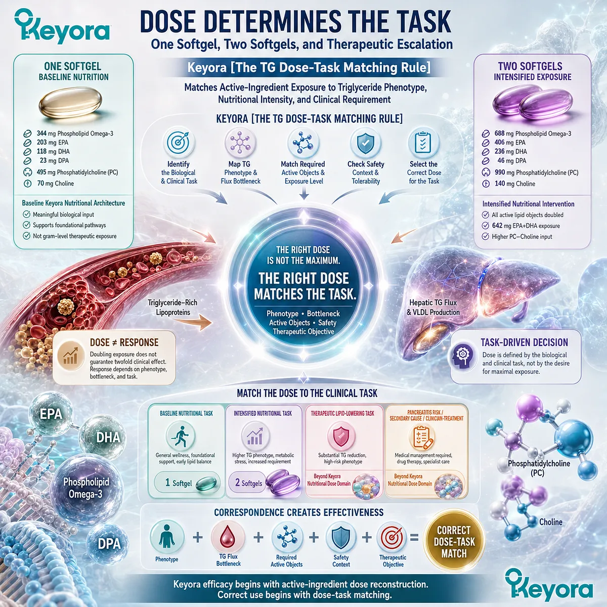 Phospholipid Omega-3 dose matching links EPA, DHA, DPA and PC-Choline exposure with triglyceride support through Keyora TG Dose-Task Matching Rule. Phospholipid Omega-3 dose matching links EPA, DHA, DPA and PC-Choline exposure with triglyceride support through Keyora TG Dose-Task Matching Rule.