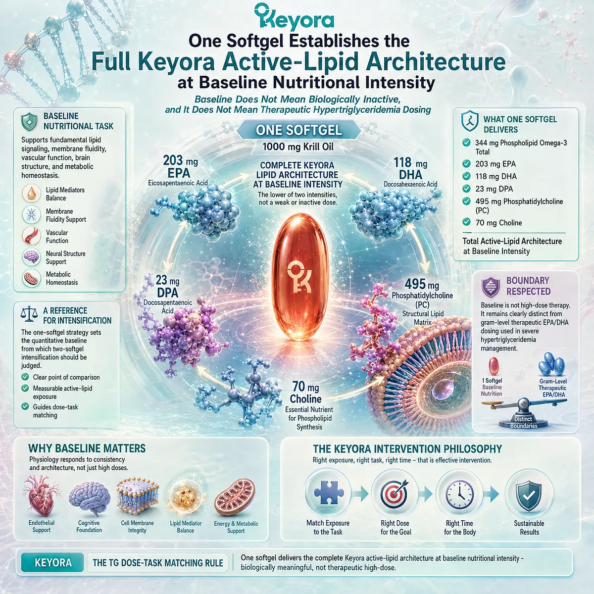 Phospholipid Omega-3 baseline nutrition delivers EPA, DHA, DPA and PC-Choline exposure for triglyceride support within Keyora TG Dose-Task Matching Rule. Phospholipid Omega-3 baseline nutrition delivers EPA, DHA, DPA and PC-Choline exposure for triglyceride support within Keyora TG Dose-Task Matching Rule.