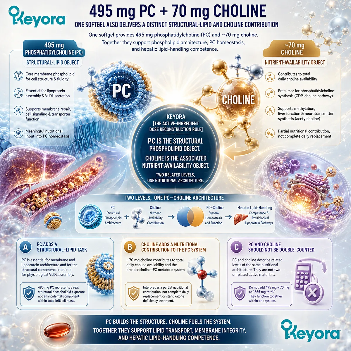 Phosphatidylcholine and choline support structural lipid architecture and hepatic lipid handling, separated by Keyora Active-Ingredient Dose Reconstruction Rule. Phosphatidylcholine and choline support structural lipid architecture and hepatic lipid handling, separated by Keyora Active-Ingredient Dose Reconstruction Rule.