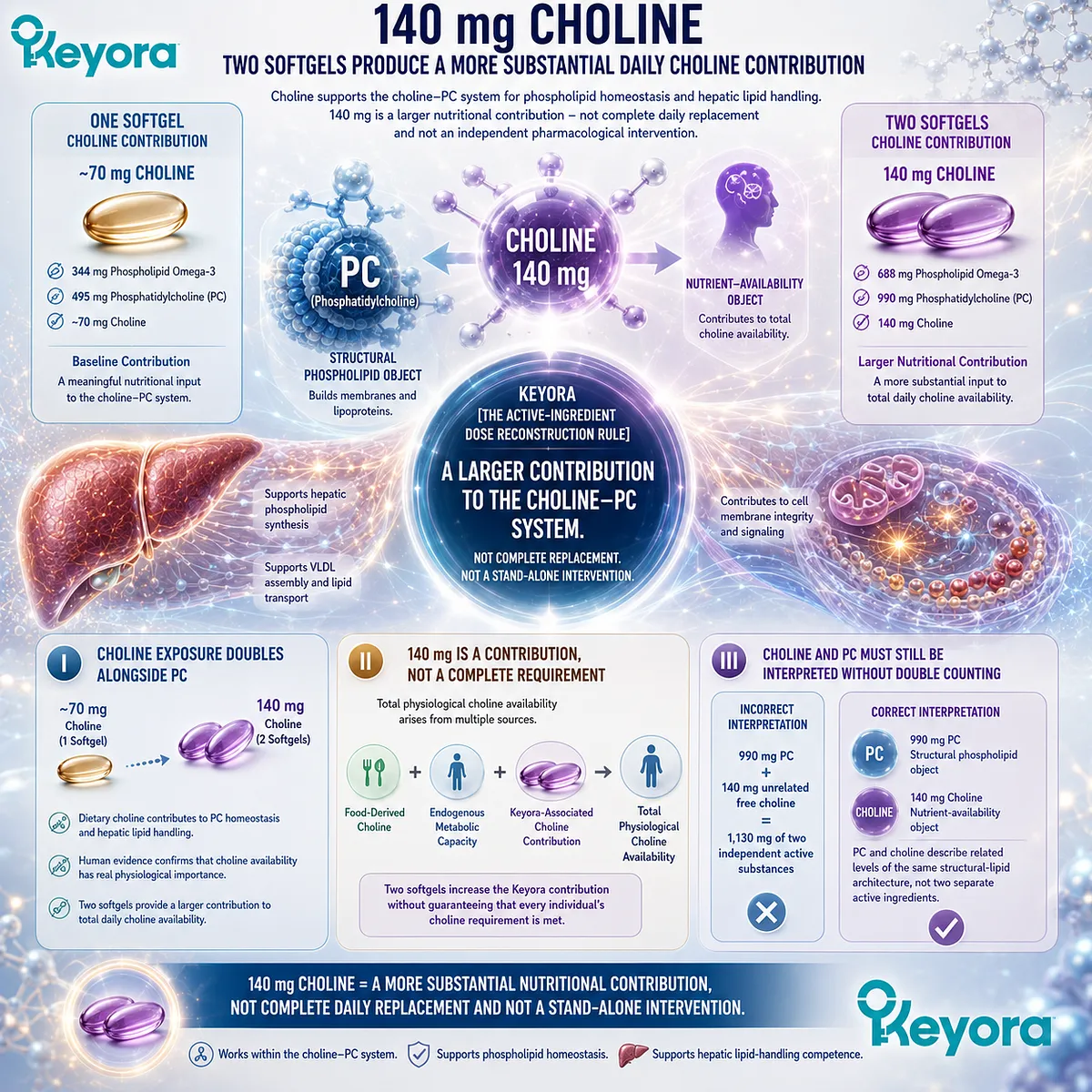 Choline rises to 140 mg to support PC homeostasis and hepatic lipid handling, with Keyora Active-Ingredient Dose Reconstruction Rule preventing PC-Choline double counting. Choline rises to 140 mg to support PC homeostasis and hepatic lipid handling, with Keyora Active-Ingredient Dose Reconstruction Rule preventing PC-Choline double counting.