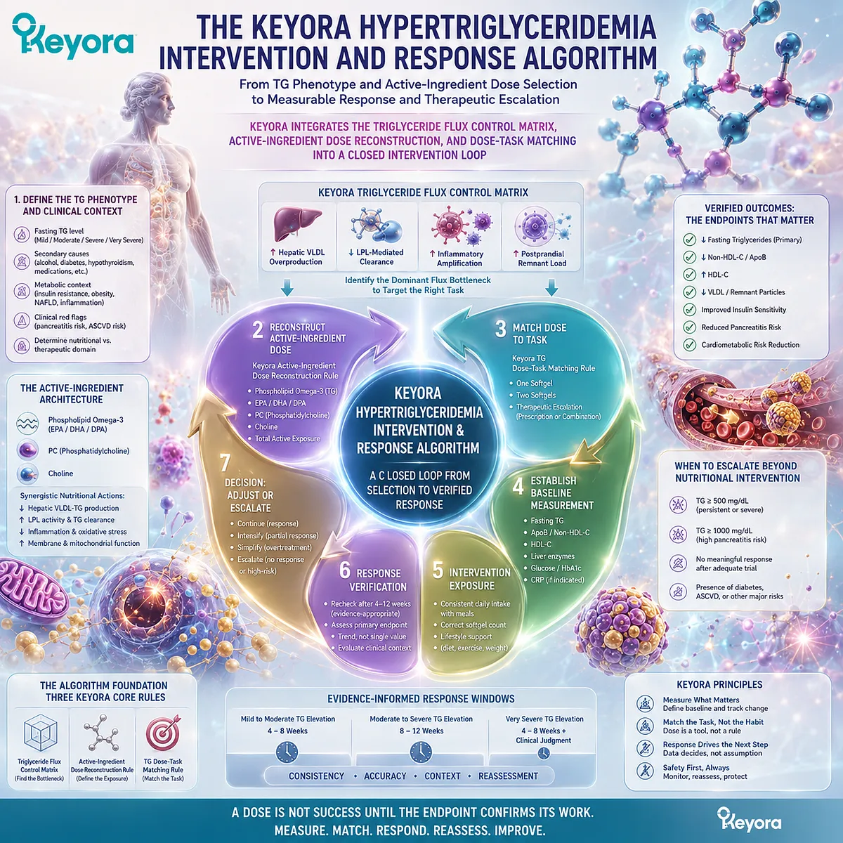 Hypertriglyceridemia response monitoring links triglyceride phenotype, Phospholipid Omega-3 dose matching, and measured TG change in the Keyora Intervention and Response Algorithm. Hypertriglyceridemia response monitoring links triglyceride phenotype, Phospholipid Omega-3 dose matching, and measured TG change in the Keyora Intervention and Response Algorithm.