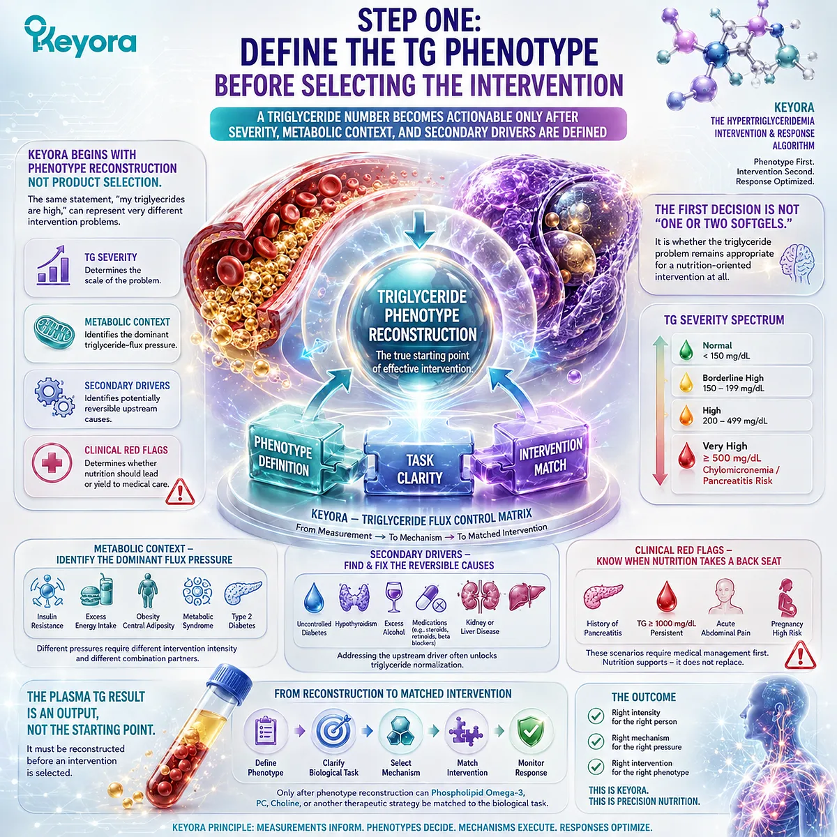 High triglycerides require TG severity, metabolic context, and secondary-cause assessment before Phospholipid Omega-3 selection in Keyora’s TG Phenotype Reconstruction framework. High triglycerides require TG severity, metabolic context, and secondary-cause assessment before Phospholipid Omega-3 selection in Keyora’s TG Phenotype Reconstruction framework.