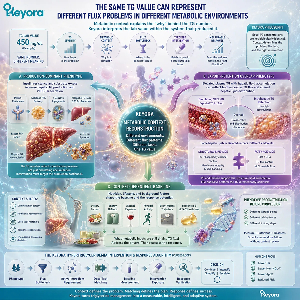 High triglycerides can reflect insulin resistance, hepatic lipid flux, diet, and alcohol exposure, mapped through Keyora’s Triglyceride Flux Control Matrix before dose selection. High triglycerides can reflect insulin resistance, hepatic lipid flux, diet, and alcohol exposure, mapped through Keyora’s Triglyceride Flux Control Matrix before dose selection.