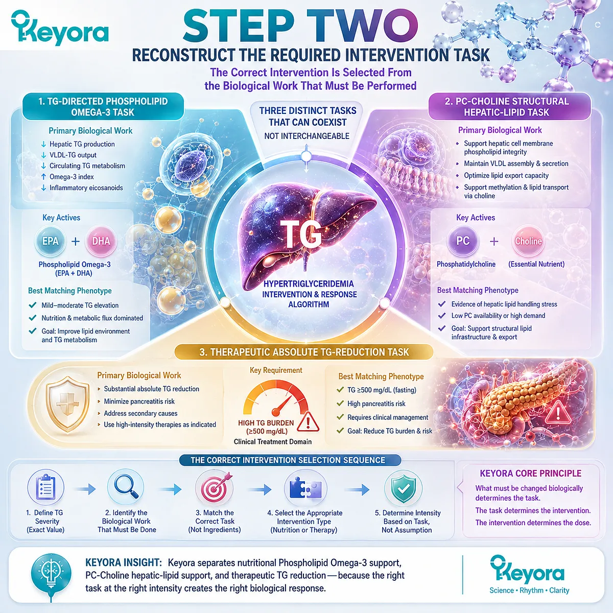 High triglyceride support requires matching Phospholipid Omega-3, PC-Choline hepatic lipid support, or therapeutic TG reduction to Keyora’s Active-Ingredient Dose Reconstruction Rule. High triglyceride support requires matching Phospholipid Omega-3, PC-Choline hepatic lipid support, or therapeutic TG reduction to Keyora’s Active-Ingredient Dose Reconstruction Rule.