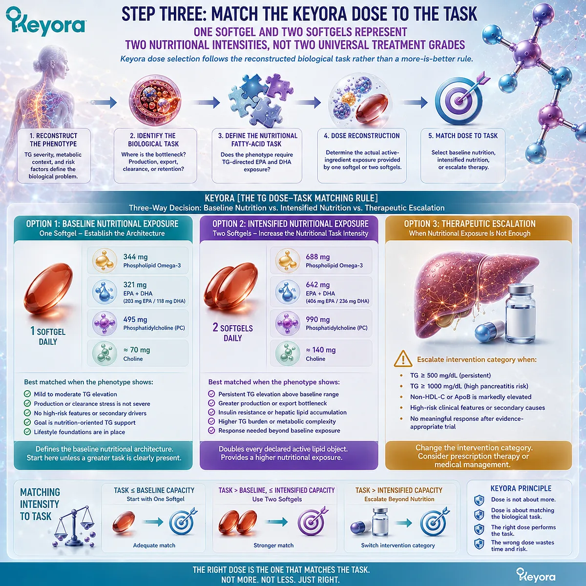 High triglyceride nutrition support matches one or two softgels to Phospholipid Omega-3, EPA+DHA, PC-Choline needs through Keyora’s TG Dose-Task Matching Rule. High triglyceride nutrition support matches one or two softgels to Phospholipid Omega-3, EPA+DHA, PC-Choline needs through Keyora’s TG Dose-Task Matching Rule.