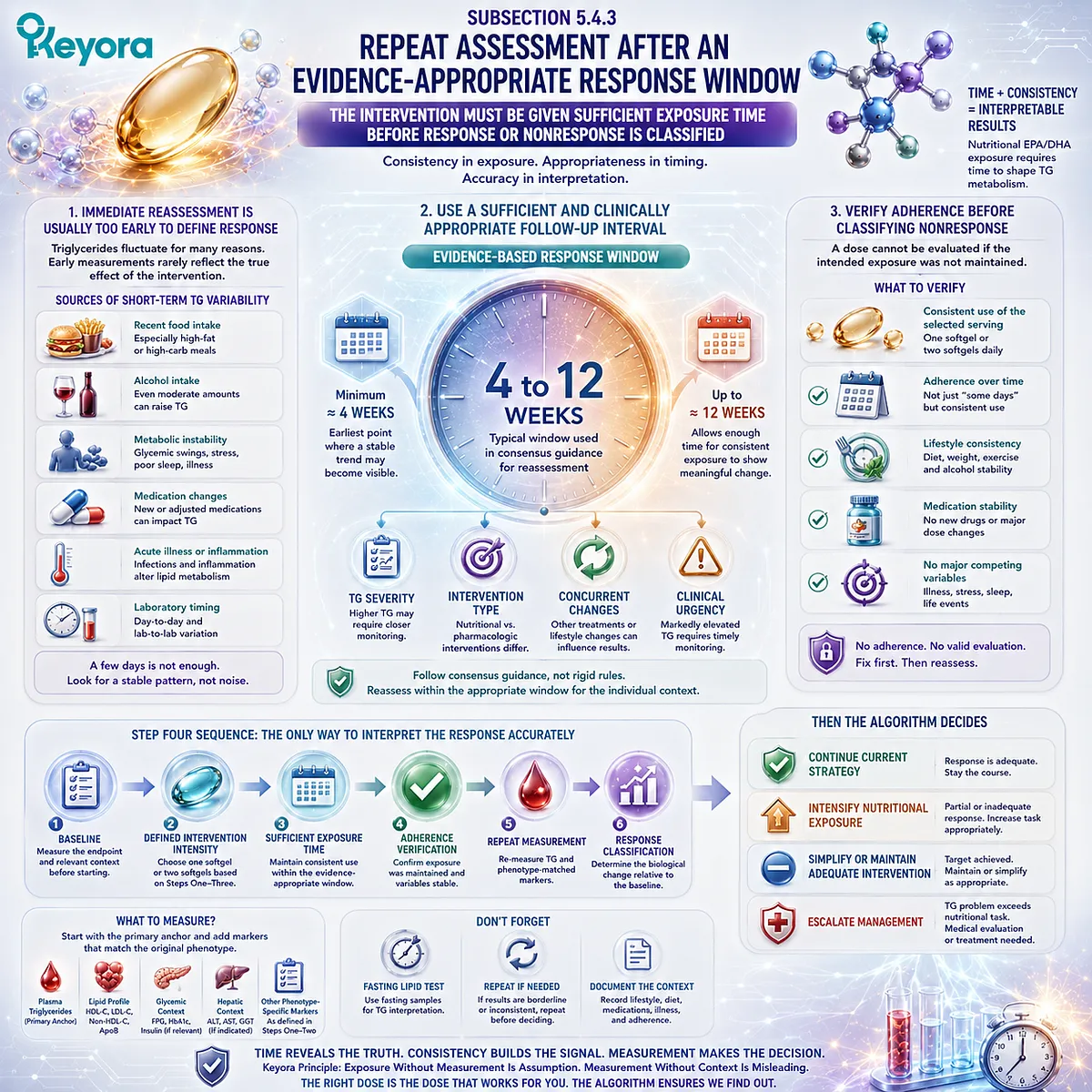 High triglyceride response monitoring uses consistent Phospholipid Omega-3 exposure and repeat TG testing after an appropriate interval in Keyora’s Response Algorithm. High triglyceride response monitoring uses consistent Phospholipid Omega-3 exposure and repeat TG testing after an appropriate interval in Keyora’s Response Algorithm.