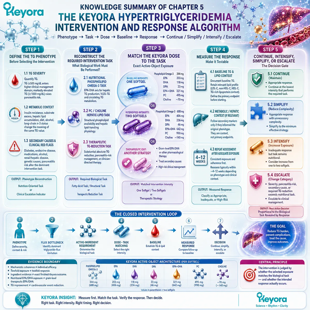 Hypertriglyceridemia management links TG phenotype, Phospholipid Omega-3 dose matching, response monitoring, and escalation in Keyora’s Intervention and Response Algorithm. Hypertriglyceridemia management links TG phenotype, Phospholipid Omega-3 dose matching, response monitoring, and escalation in Keyora’s Intervention and Response Algorithm.