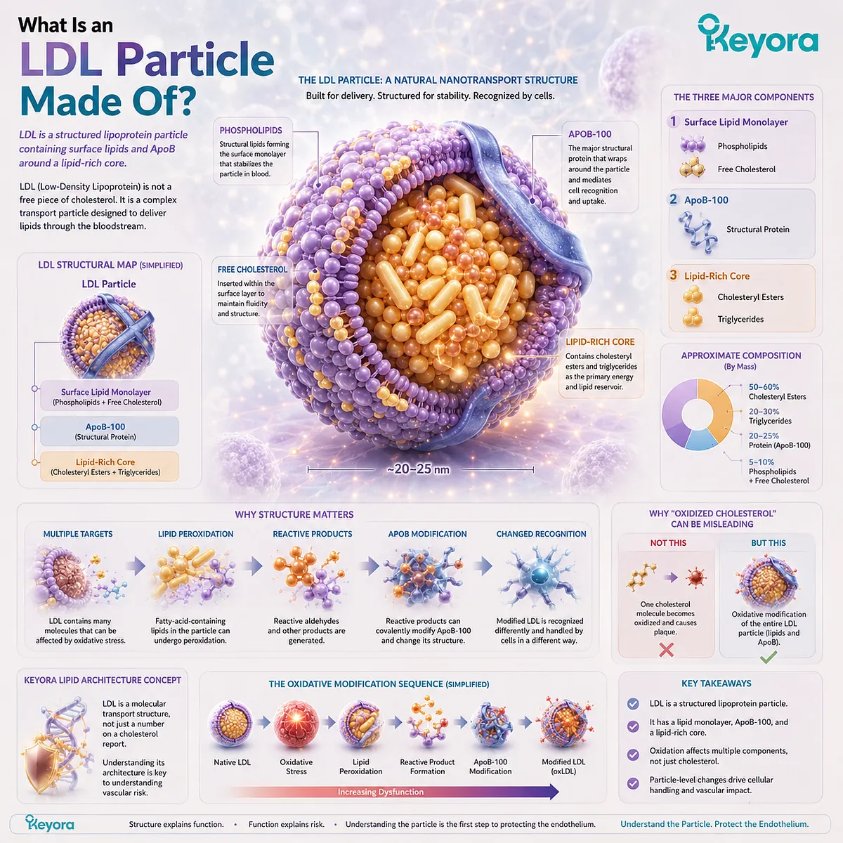 LDL particle structure combines ApoB-100, phospholipids and free cholesterol around a lipid-rich core, defining oxidation targets in Keyora Lipid Architecture. LDL particle structure combines ApoB-100, phospholipids and free cholesterol around a lipid-rich core, defining oxidation targets in Keyora Lipid Architecture.