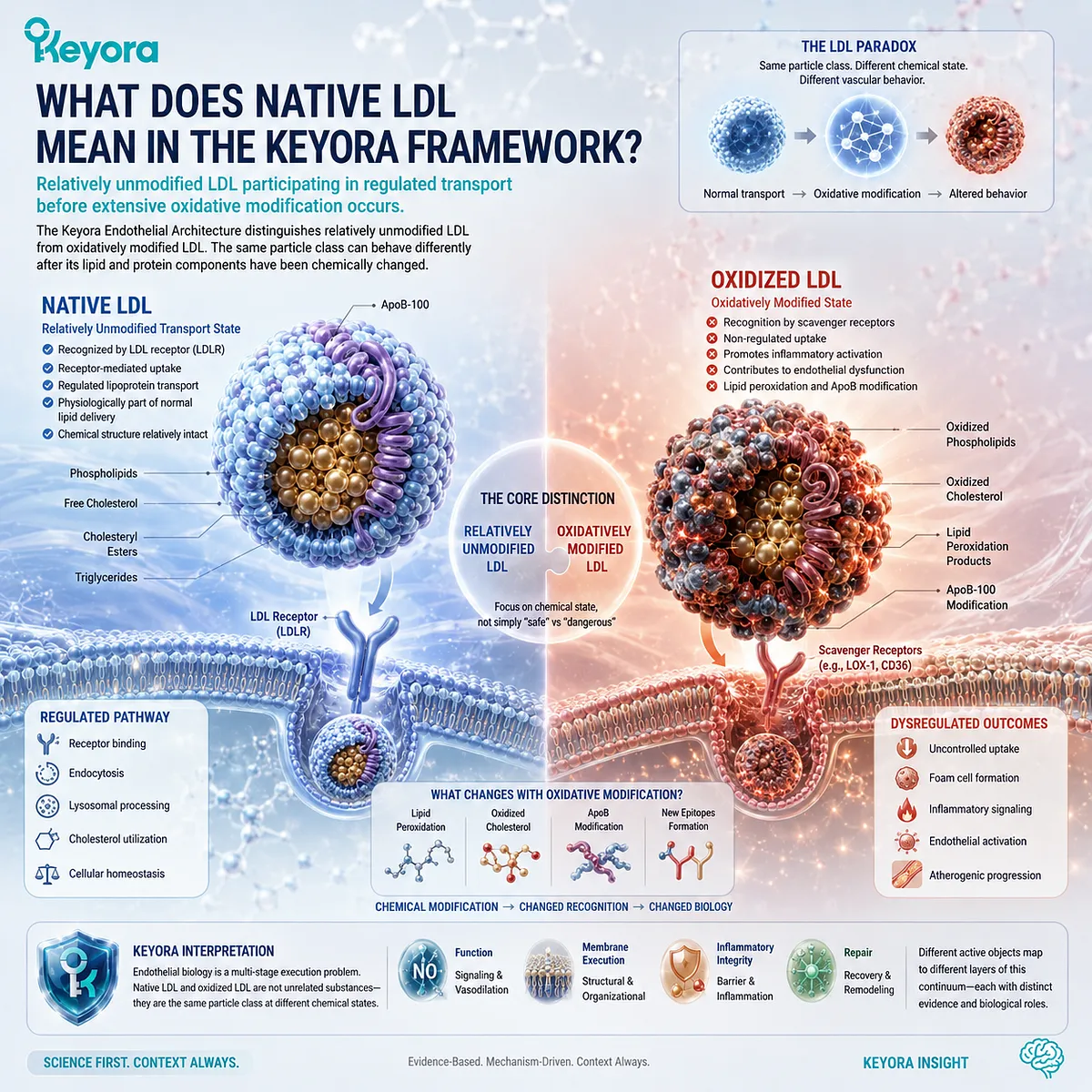 Native LDL is a relatively unmodified ApoB lipoprotein engaging regulated LDLR transport before oxidative modification, framing the Keyora LDL Paradox. Native LDL is a relatively unmodified ApoB lipoprotein engaging regulated LDLR transport before oxidative modification, framing the Keyora LDL Paradox.