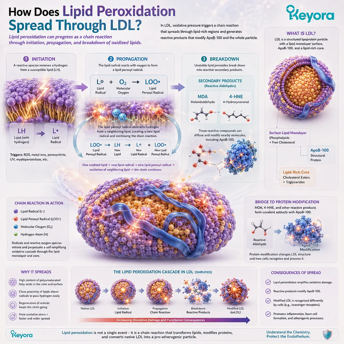 Lipid peroxidation spreads through LDL as lipid radicals and peroxyl radicals propagate oxidation, generating MDA and 4-HNE in the Keyora Endothelial Architecture. Lipid peroxidation spreads through LDL as lipid radicals and peroxyl radicals propagate oxidation, generating MDA and 4-HNE in the Keyora Endothelial Architecture.