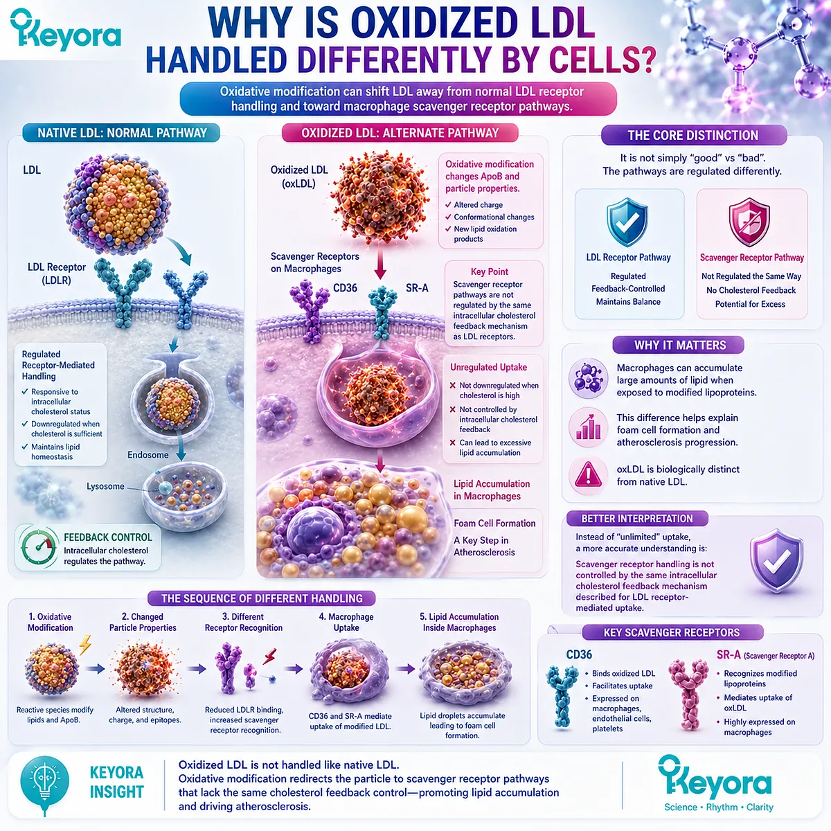 Oxidized LDL shifts cellular recognition from regulated LDLR handling toward macrophage CD36 and SR-A uptake, a core mechanism in the Keyora LDL Particle-State Transition. Oxidized LDL shifts cellular recognition from regulated LDLR handling toward macrophage CD36 and SR-A uptake, a core mechanism in the Keyora LDL Particle-State Transition.